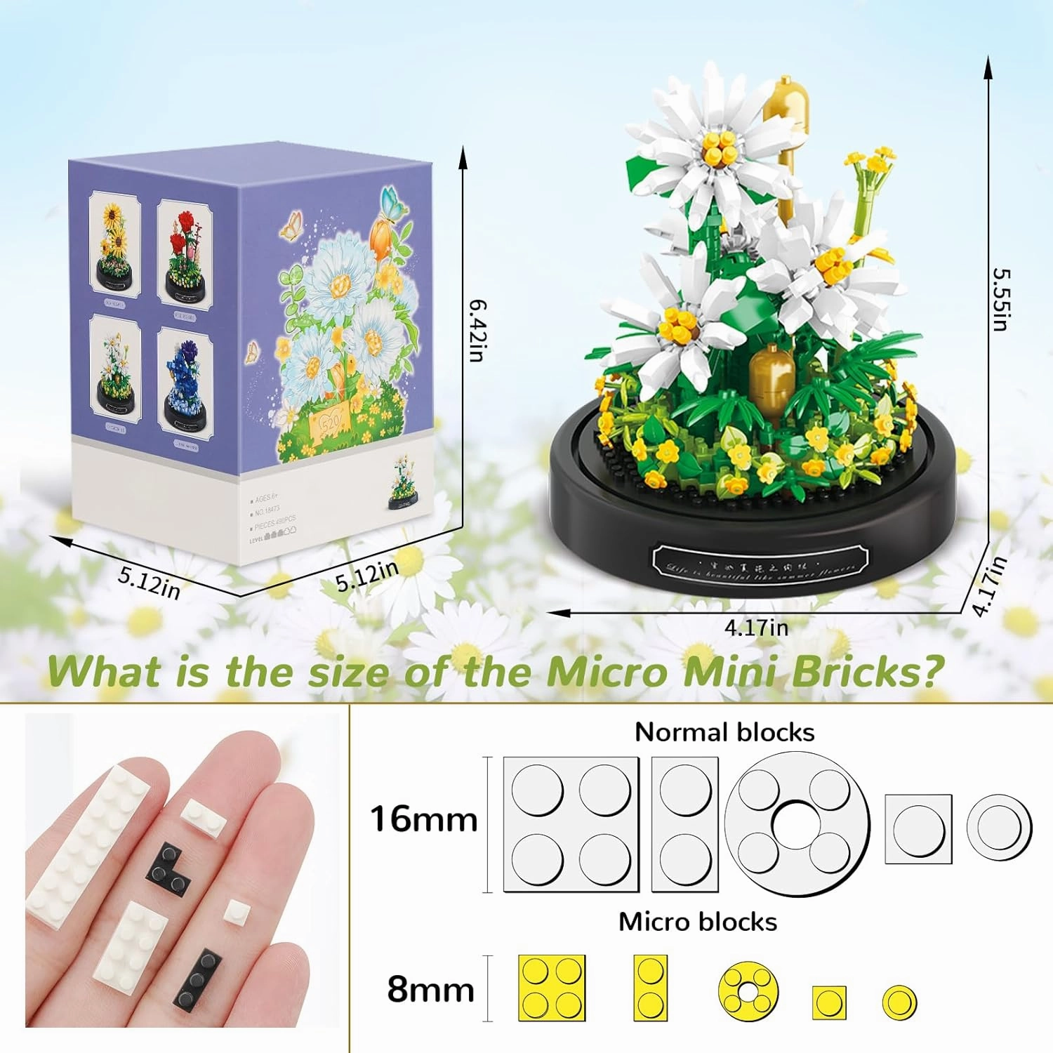 QLT QIAOLETONG Flower Bouquet Building Set, 490 PCS White Daisy Mini Building Blocks Kit for Adults, Flower Botanical Collection for Home Decor, Mother's Day for Mom