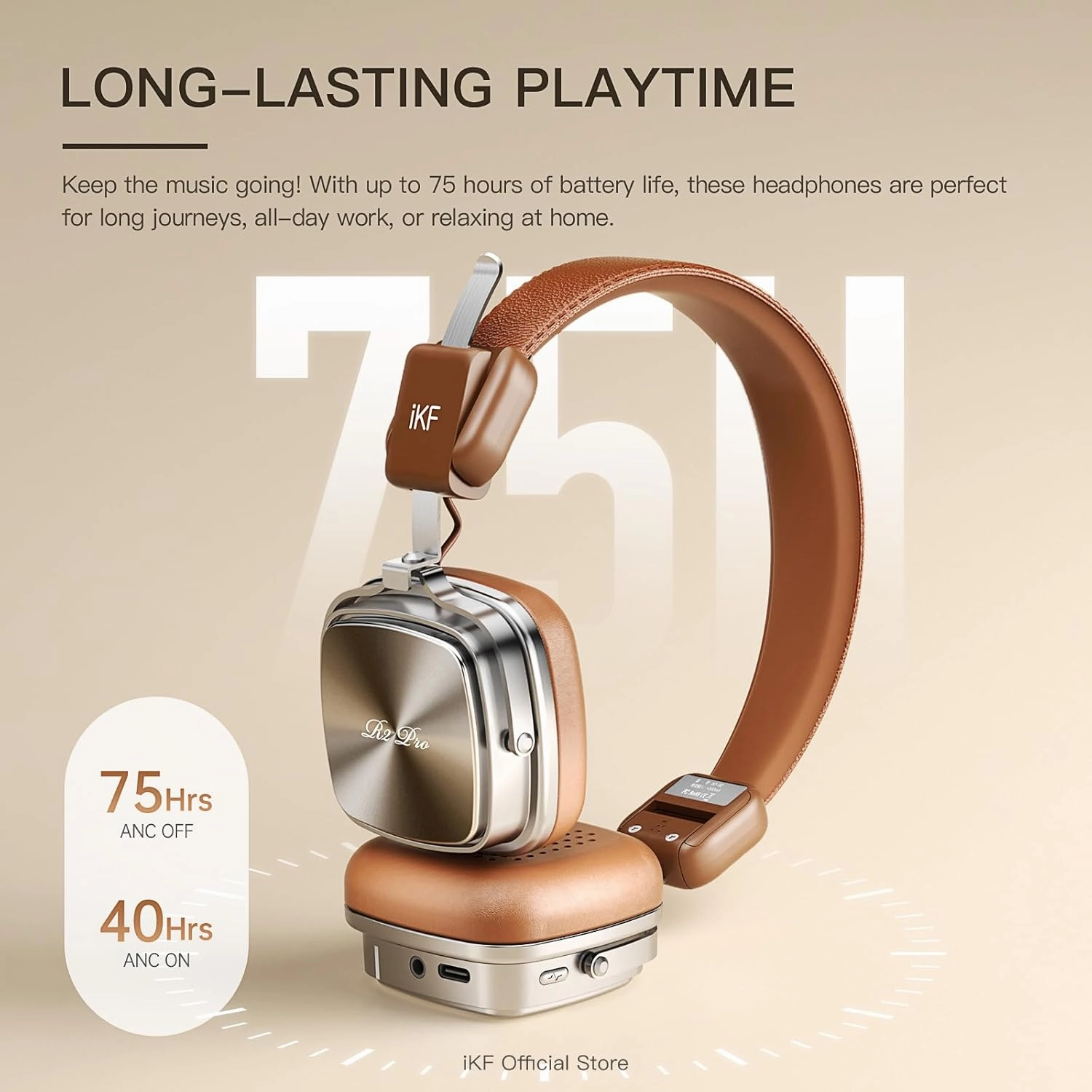R2 Pro Retro Metal Leather Wireless Headphones with ANC -45dB, 40mm HiFi Drivers, 75H Playback, Bluetooth 5.4 & AUX, Customizable Lighting, ENC 5-Mic Clear Calls, Low Latency,App Control, Brown