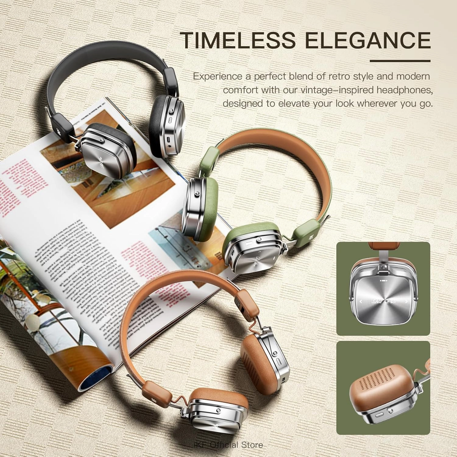 R2 Pro Retro Metal Leather Wireless Headphones with ANC -45dB, 40mm HiFi Drivers, 75H Playback, Bluetooth 5.4 & AUX, Customizable Lighting, ENC 5-Mic Clear Calls, Low Latency,App Control, Brown