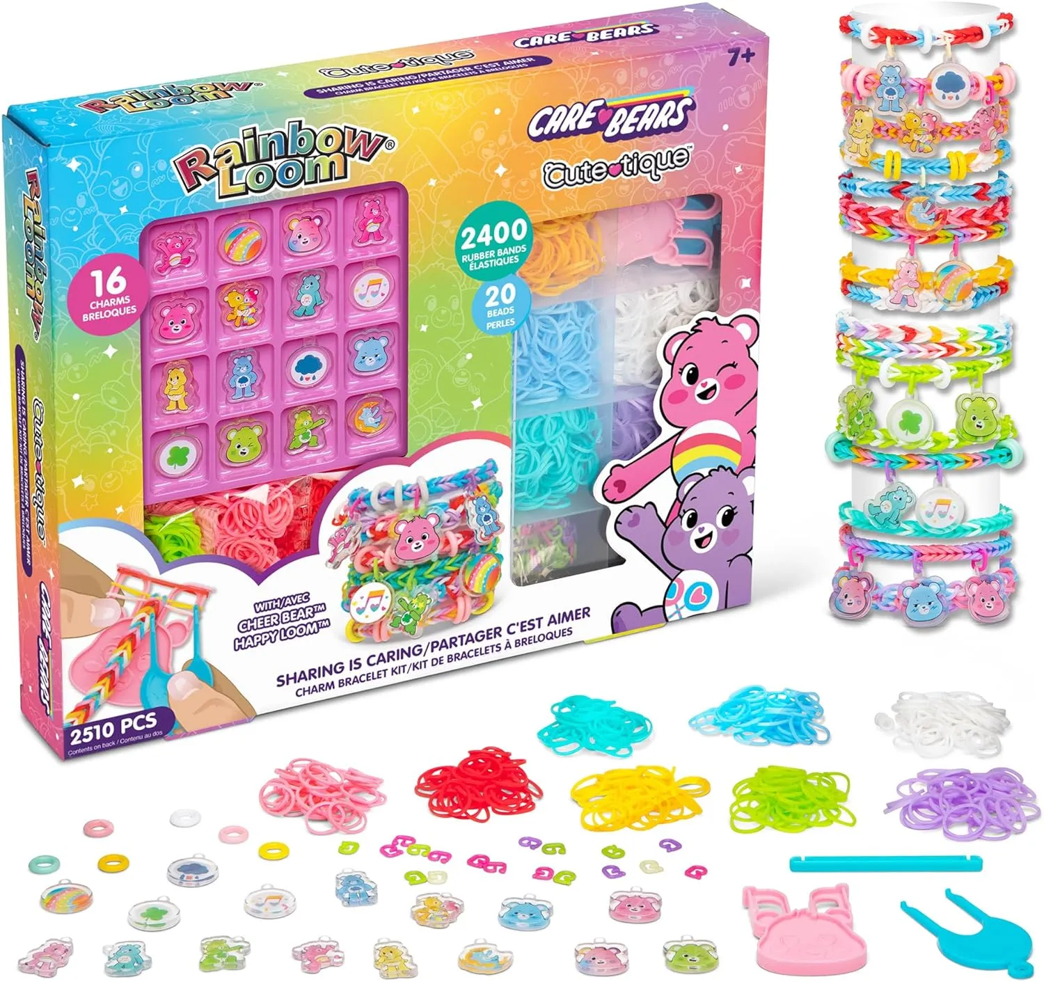 Rainbow Loom: Care Bears Cutetique: Sharing is Caring -16 Charms, DIY Rubber Band Bracelet Kit, Exclusive Cheer Bear Loom, Jewelry Making, Kids Age 7 