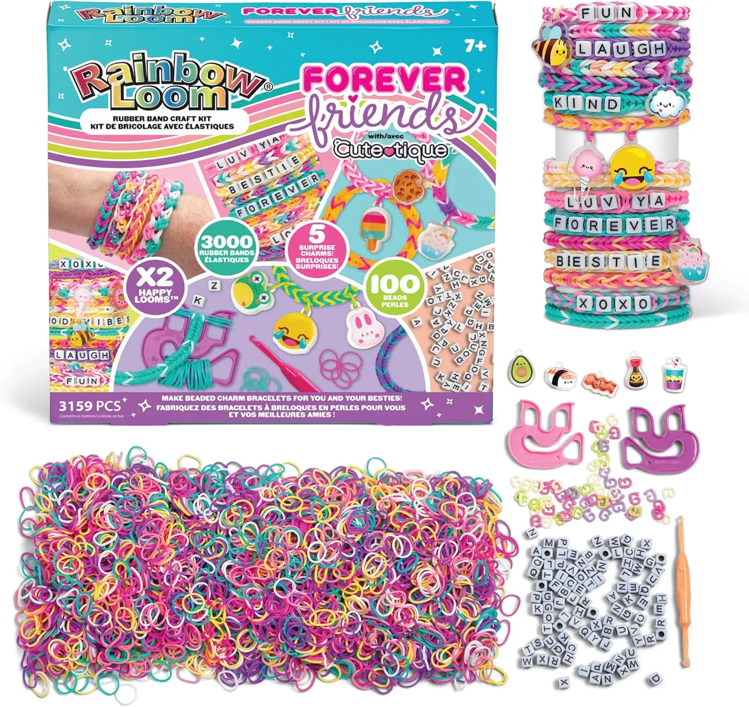 Rainbow Loom: Forever Friends - 3000  Piece Rubber Band Bracelet Kit, DIY Jewelry, 100 Alpha Beads, 10 Cute-Tique Charms, 2 Happy Looms, Kids Ages 7 