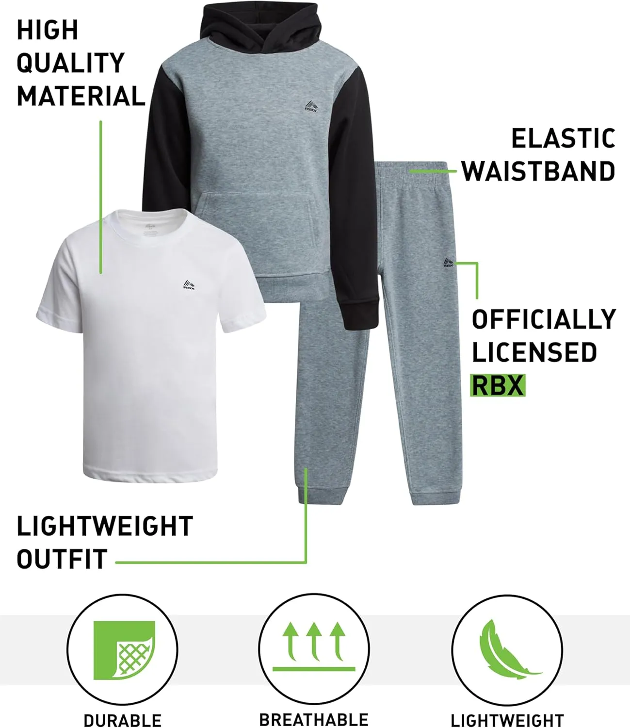 RBX Boys Active Jogger Set - 3 Piece Performance Fleece Sweatshirt, Jogger Sweatpants, T-Shirt - Activewear for Boys (2T-12)