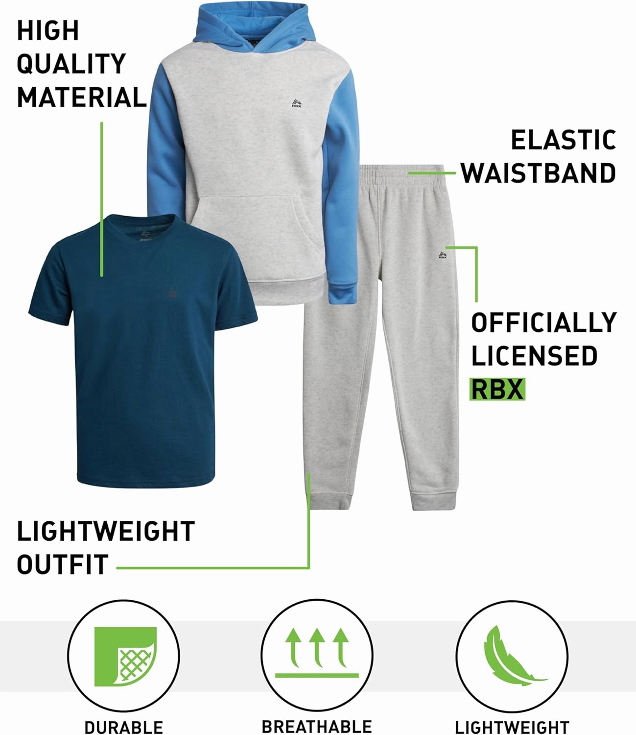 RBX Boys Active Jogger Set - 3 Piece Performance Fleece Sweatshirt, Jogger Sweatpants, T-Shirt - Activewear for Boys (2T-12)