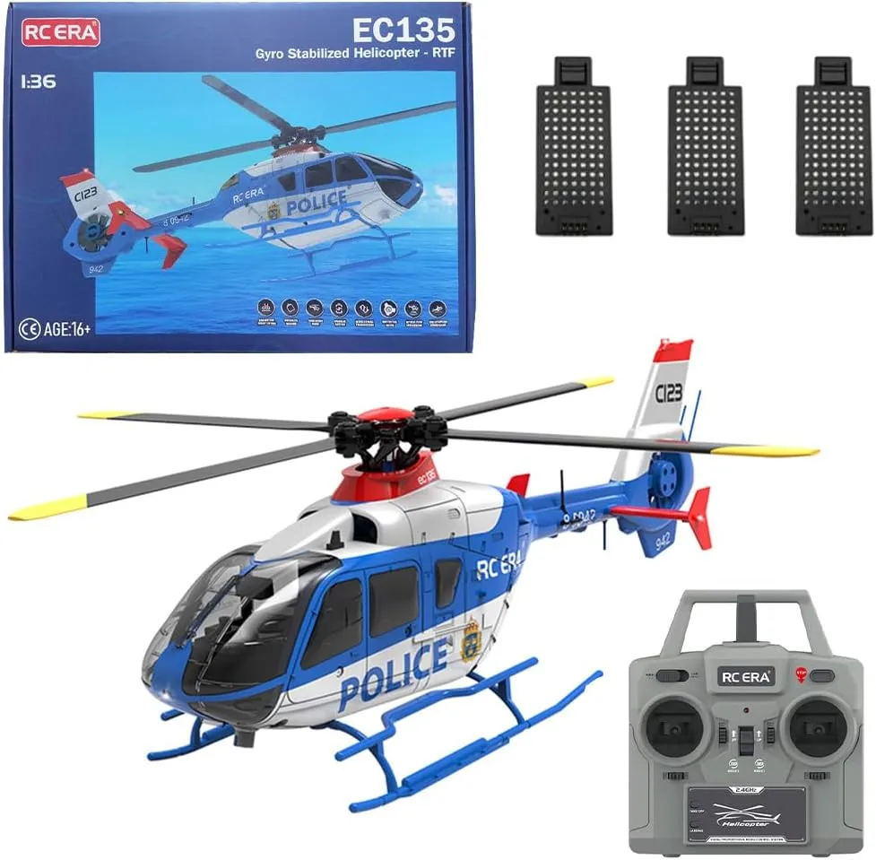RC ERA C123 EC135 6CH RC Helicopter, 1/36 Scale Military Aircraft Single-Rotor Gyroscopic Stabilization with Altitude Hold/One-Key Take Off for Beginners & Adults -RTF/3 Battery
