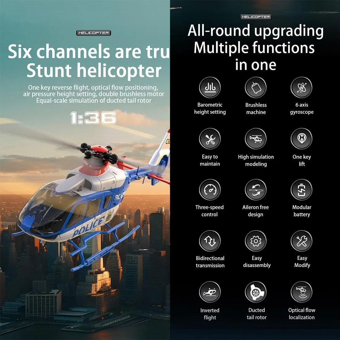 RC ERA C123 EC135 6CH RC Helicopter, 1/36 Scale Military Aircraft Single-Rotor Gyroscopic Stabilization with Altitude Hold/One-Key Take Off for Beginners & Adults -RTF/3 Battery