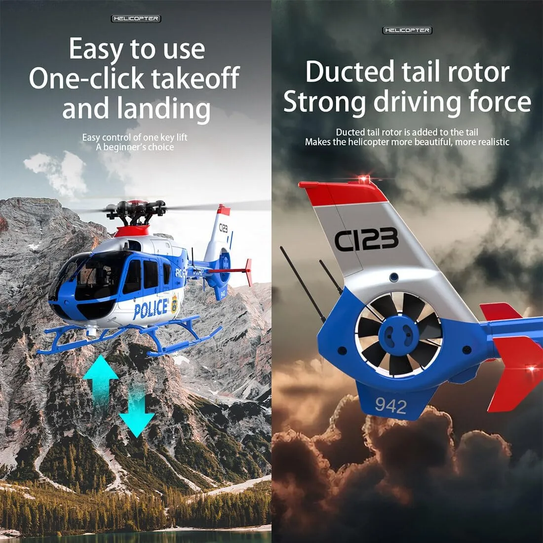 RC ERA C123 EC135 6CH RC Helicopter, 1/36 Scale Military Aircraft Single-Rotor Gyroscopic Stabilization with Altitude Hold/One-Key Take Off for Beginners & Adults -RTF/3 Battery