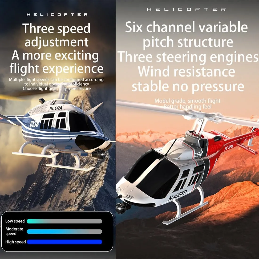 RC ERA C138 1/30 Scale 206 Helicopter for Adult, 2.4G 6CH RC Helicopter with Flybarless, No Aileron with Altitude Hold & Optical Flow (Blue/1 Battery)
