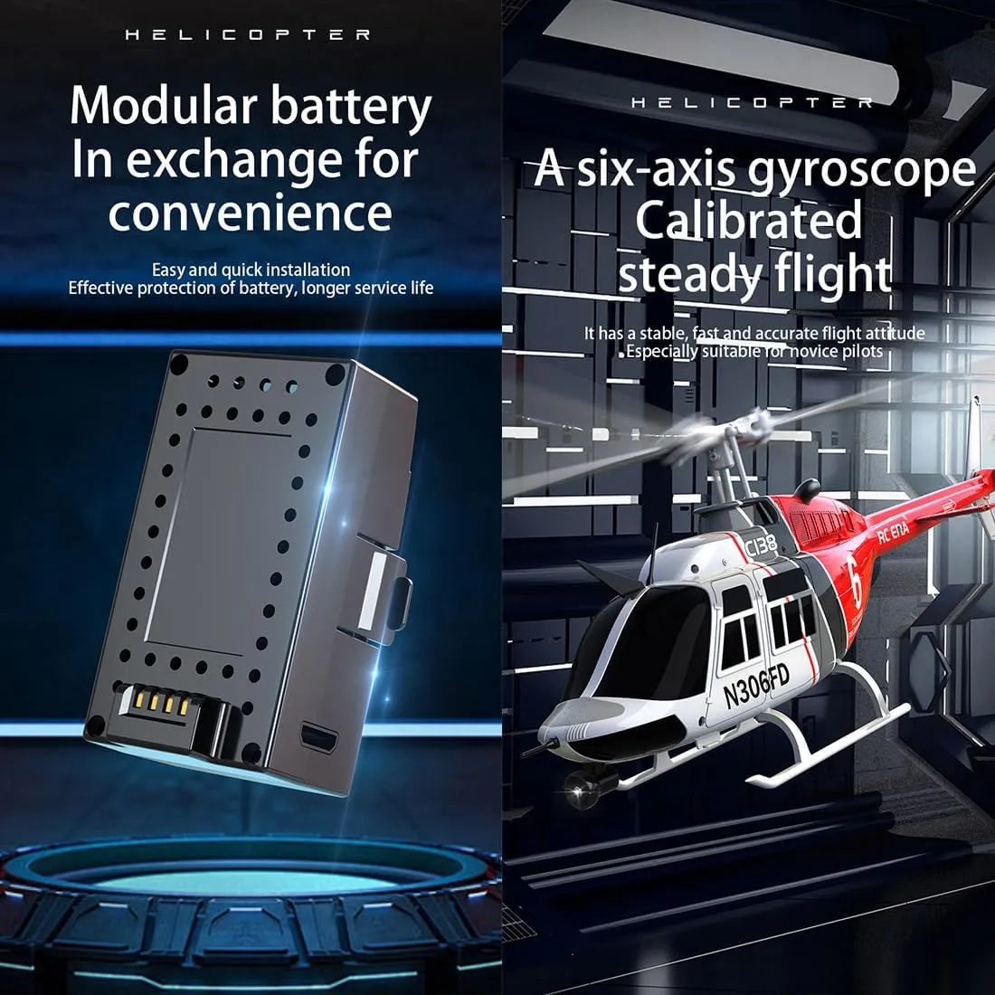 RC ERA C138 1/30 Scale 206 Helicopter for Adult, 2.4G 6CH RC Helicopter with Flybarless, No Aileron with Altitude Hold & Optical Flow (Blue/1 Battery)