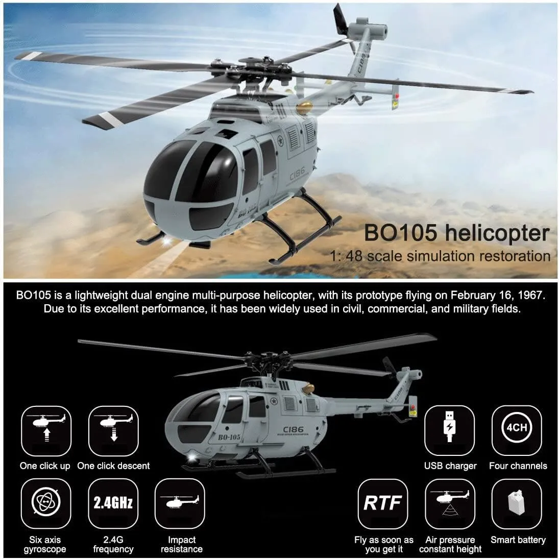 RC Helicopter Model, 2.4G RC 4CH BO105 Armed Helicopter Military Aircraft Model with USB Charger, Aircraft Model for KidsAdults (RTF/Orange), 23.5 x 7.1 x 8.1cm, 5ZB2603ZD4714VWXN