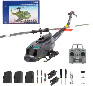 RC Helicopter Model, C032 1/48 Scale UH-1 Huey 2.4G 6CH Flybarless Brushless Motor Remote Control Helicopter Model with Altitude Hold and 6-Axis Gyroscope for Adults (RTF Version)
