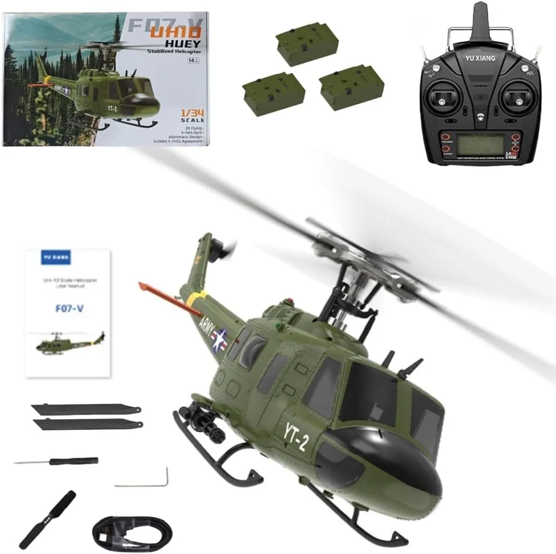 RC Helicopters for Adults, F07-V 1/34 Scale UH-1 Huey 2.4G 6CH Brushless Direct-Drive Flybarless Manual Aerobatic Flight RC Helicopter Model (RTF Version/Mode1/Mode2)