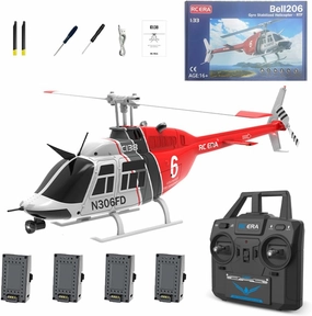 RC ERA C138 1/30 Scale 206 Helicopter for Adult, 2.4G 6CH RC Helicopter with Flybarless, No Aileron with Altitude Hold & Optical Flow (Red Black White/4 Battery)