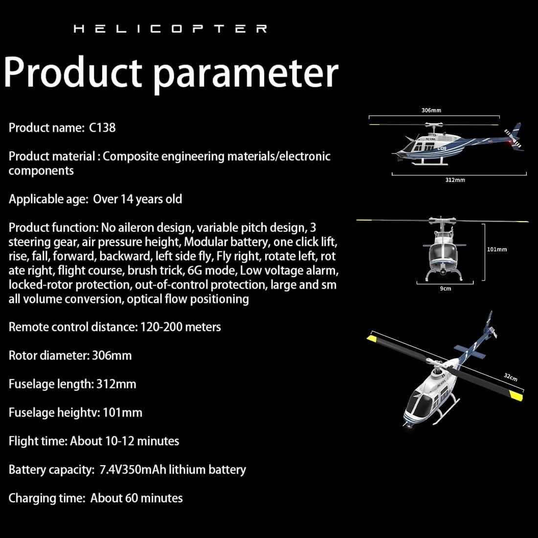 RC ERA C138 1/30 Scale 206 Helicopter for Adult, 2.4G 6CH RC Helicopter with Flybarless, No Aileron with Altitude Hold & Optical Flow (Red Black White/4 Battery)