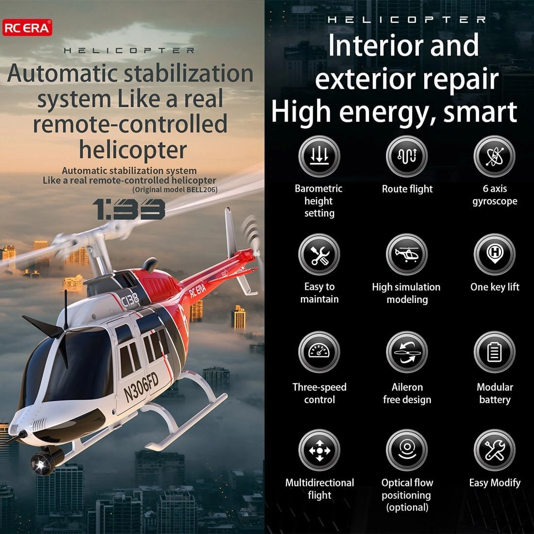 RC ERA C138 1/30 Scale 206 Helicopter for Adult, 2.4G 6CH RC Helicopter with Flybarless, No Aileron with Altitude Hold & Optical Flow (Red Black White/4 Battery)