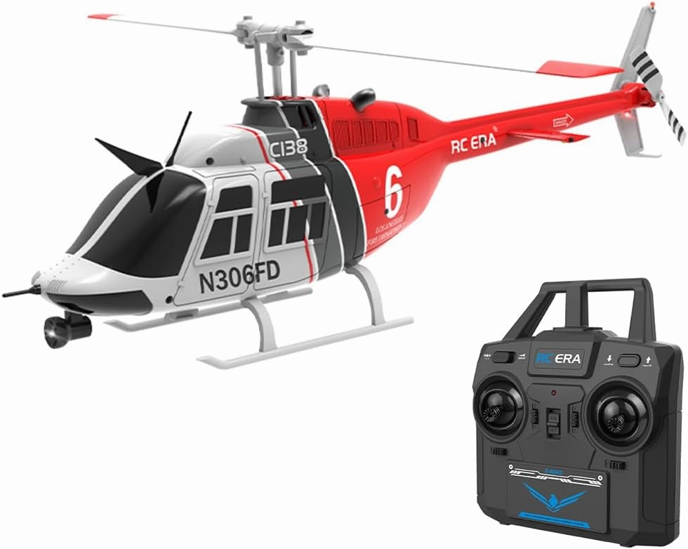 RC ERA C138 1/30 Scale 206 Helicopter for Adult, 2.4G 6CH RC Helicopter with Flybarless, No Aileron with Altitude Hold & Optical Flow (Red Black White/4 Battery)