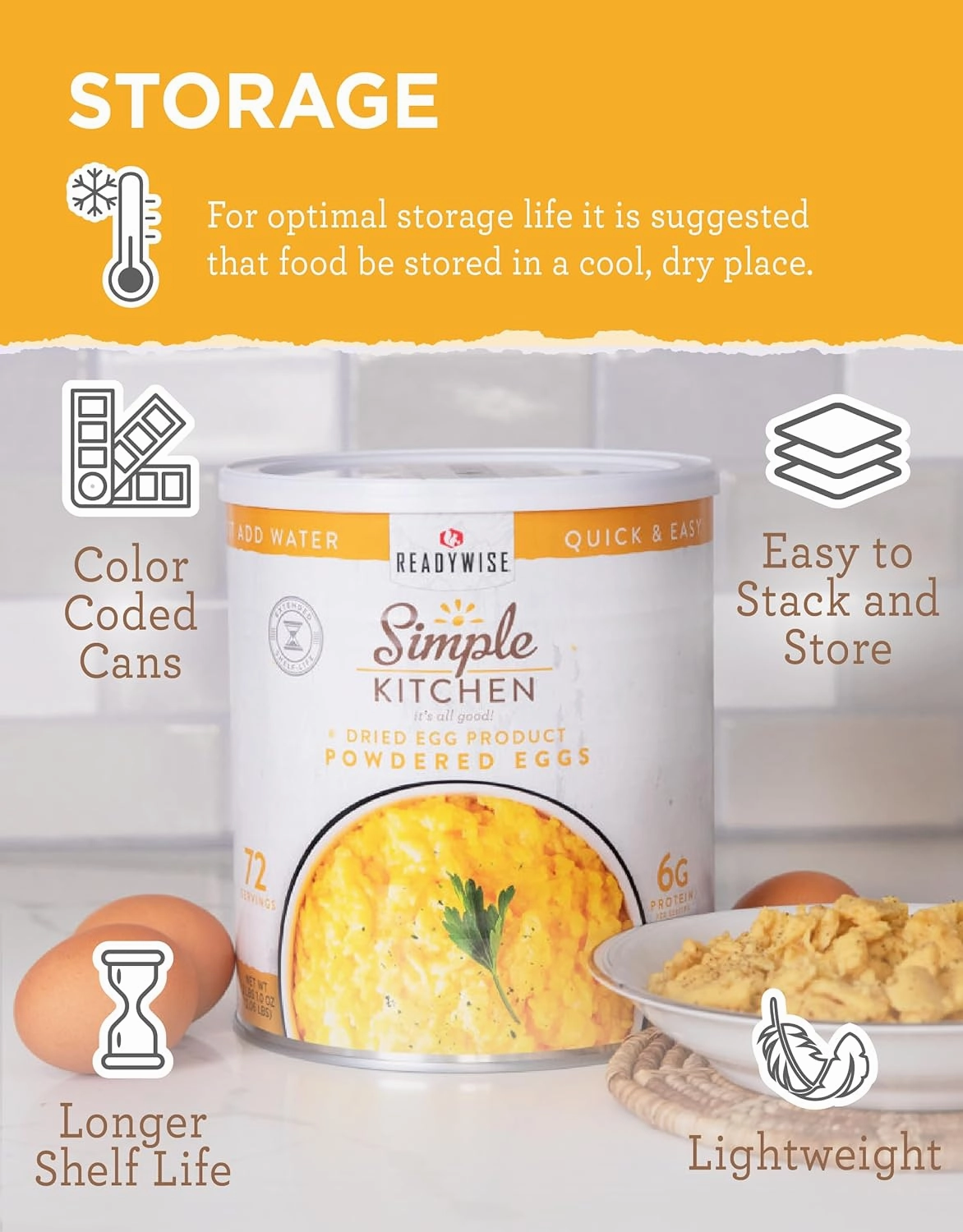 READYWISE - Simple Kitchen, Powdered Eggs, 72 Servings, Emergency Supply, Dehydrated Food, Baking Supplies, Camping Meals, Survival Food, 10 Can Egg Powder, Dehydrated Eggs Powder