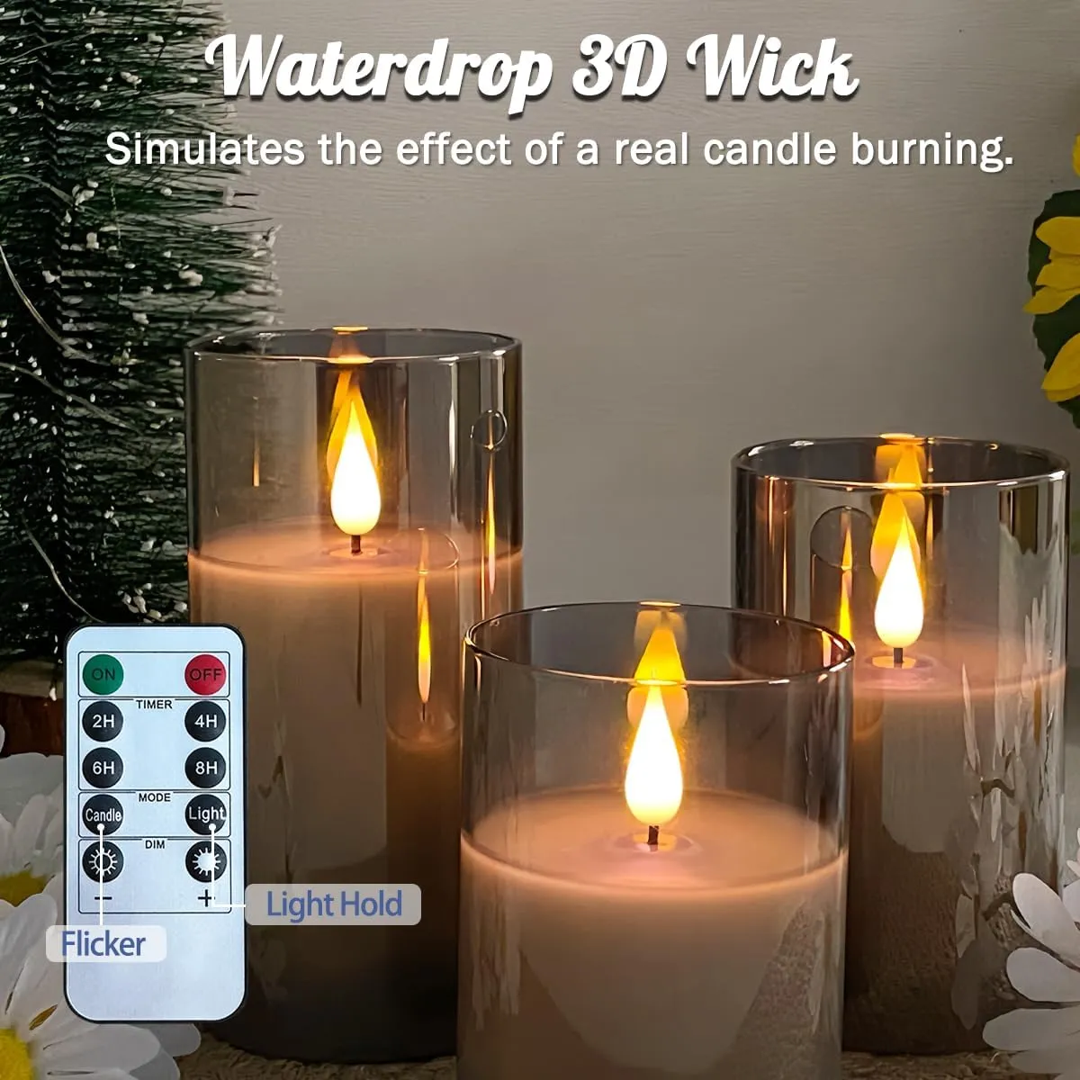 Rechargeable Flameless Candle, Flashing LED Pillar Real Wax Candle with Remote Control and Timer, Upgraded Teardrop Wick, Gray Electronic Candle, 1 Set of 3