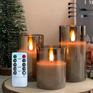 Rechargeable Flameless Candle, Flashing LED Pillar Real Wax Candle with Remote Control and Timer, Upgraded Teardrop Wick, Gray Electronic Candle, 1 Set of 3