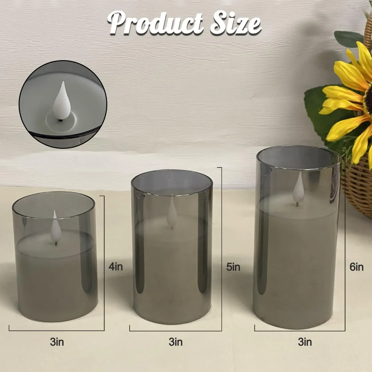 Rechargeable Flameless Candle, Flashing LED Pillar Real Wax Candle with Remote Control and Timer, Upgraded Teardrop Wick, Gray Electronic Candle, 1 Set of 3