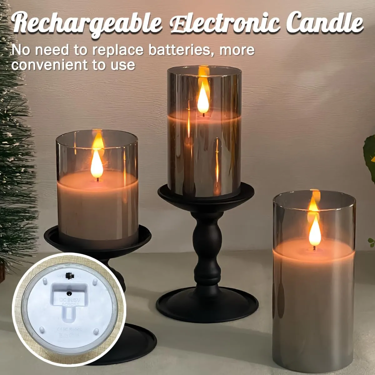 Rechargeable Flameless Candle, Flashing LED Pillar Real Wax Candle with Remote Control and Timer, Upgraded Teardrop Wick, Gray Electronic Candle, 1 Set of 3