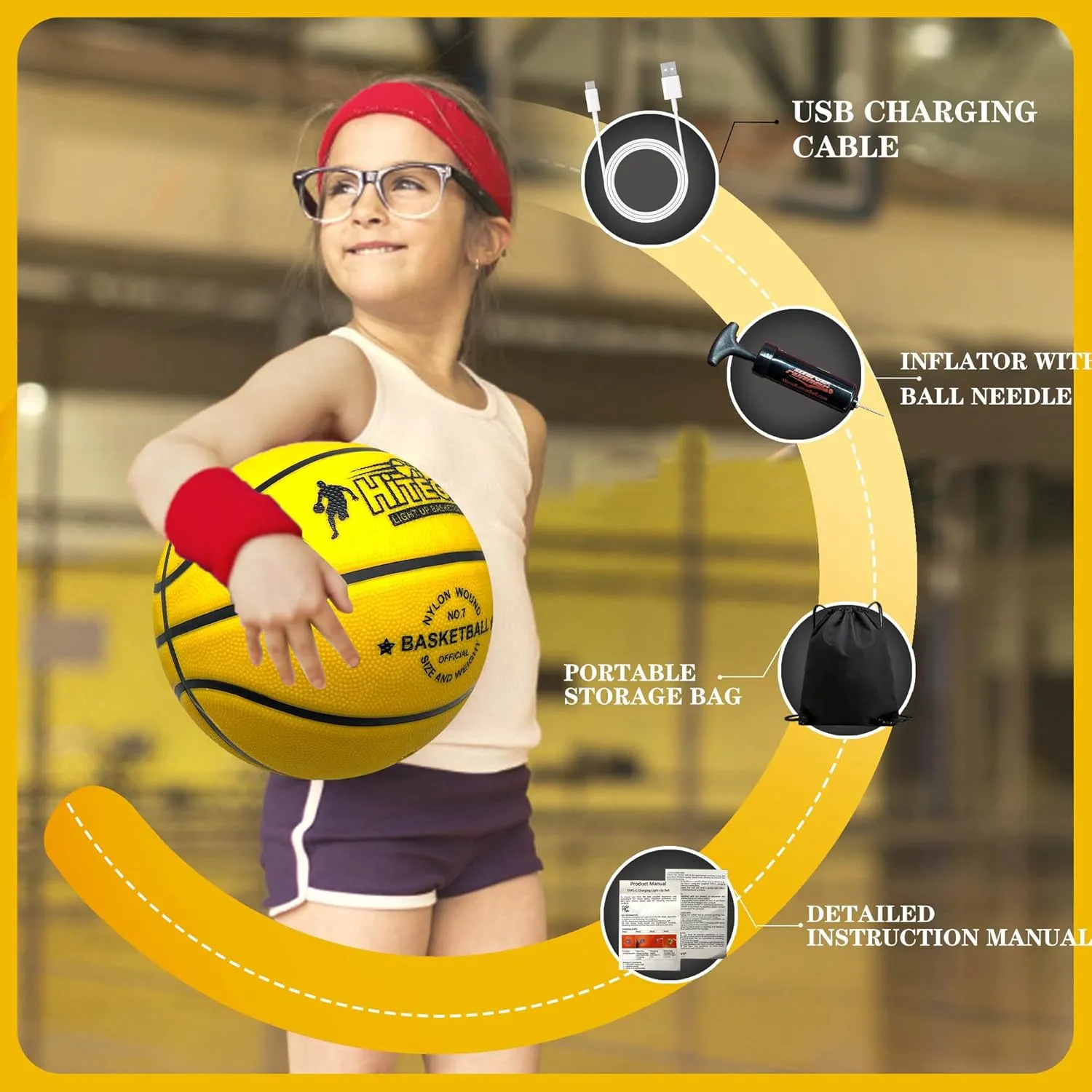 Rechargeable Glow in The Dark Basketball - USB Charging, Water-Resistant, Size 7, Impact Activated, Includes Pump, Ball Bag & Charging Cable - Rechargeable Light Up Basketball - Yellow