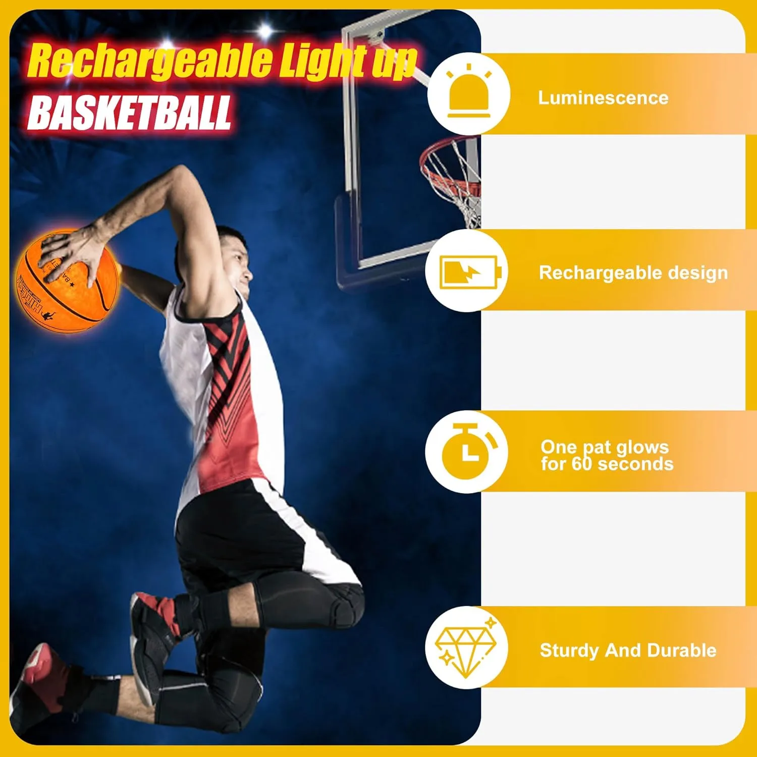 Rechargeable Glow in The Dark Basketball - USB Charging, Water-Resistant, Size 7, Impact Activated, Includes Pump, Ball Bag & Charging Cable - Rechargeable Light Up Basketball - Yellow
