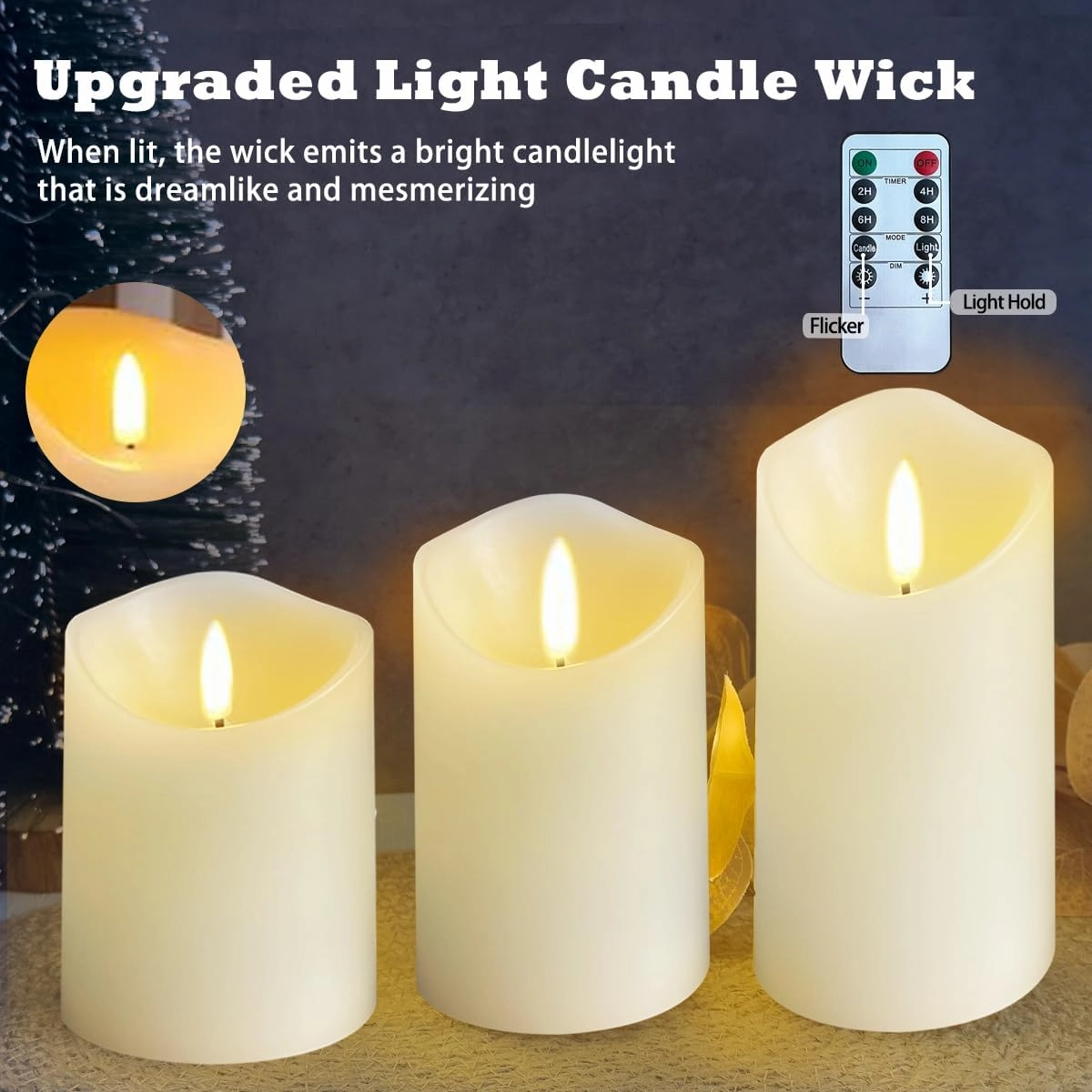 Rechargeable Flameless Candle, Flashing LED Pillar Real Wax Candle with Remote Control and Timer,Decorative Electronic Candles, 1 Set of 3
