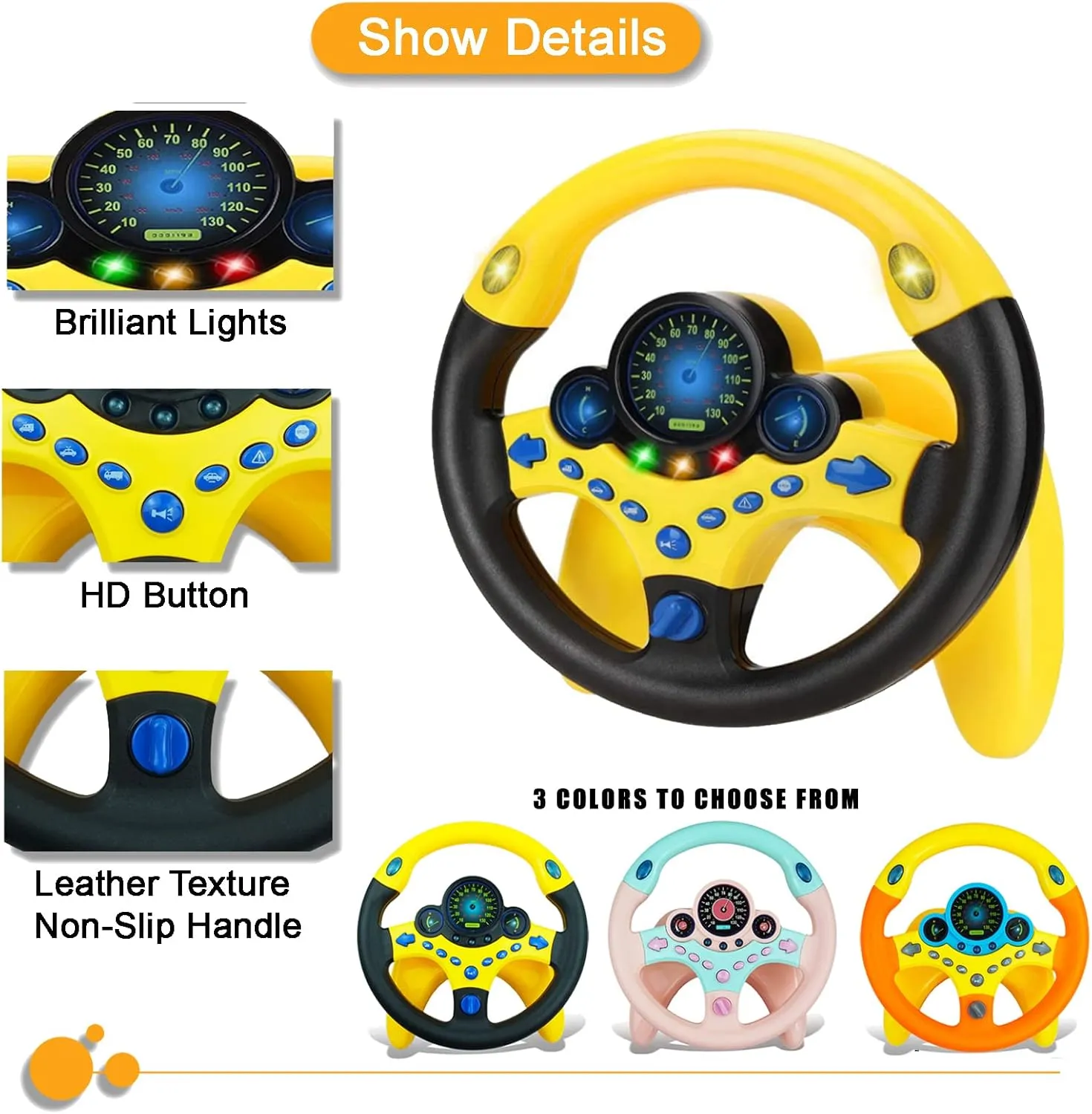 RedCrab Steering Wheel Car Driving Simulated Toy with Light and Music for Kids, Pretend Driving Seat Toys,Baby Electric Early Learning Educational Toys for Boys and Girls(Yellow)