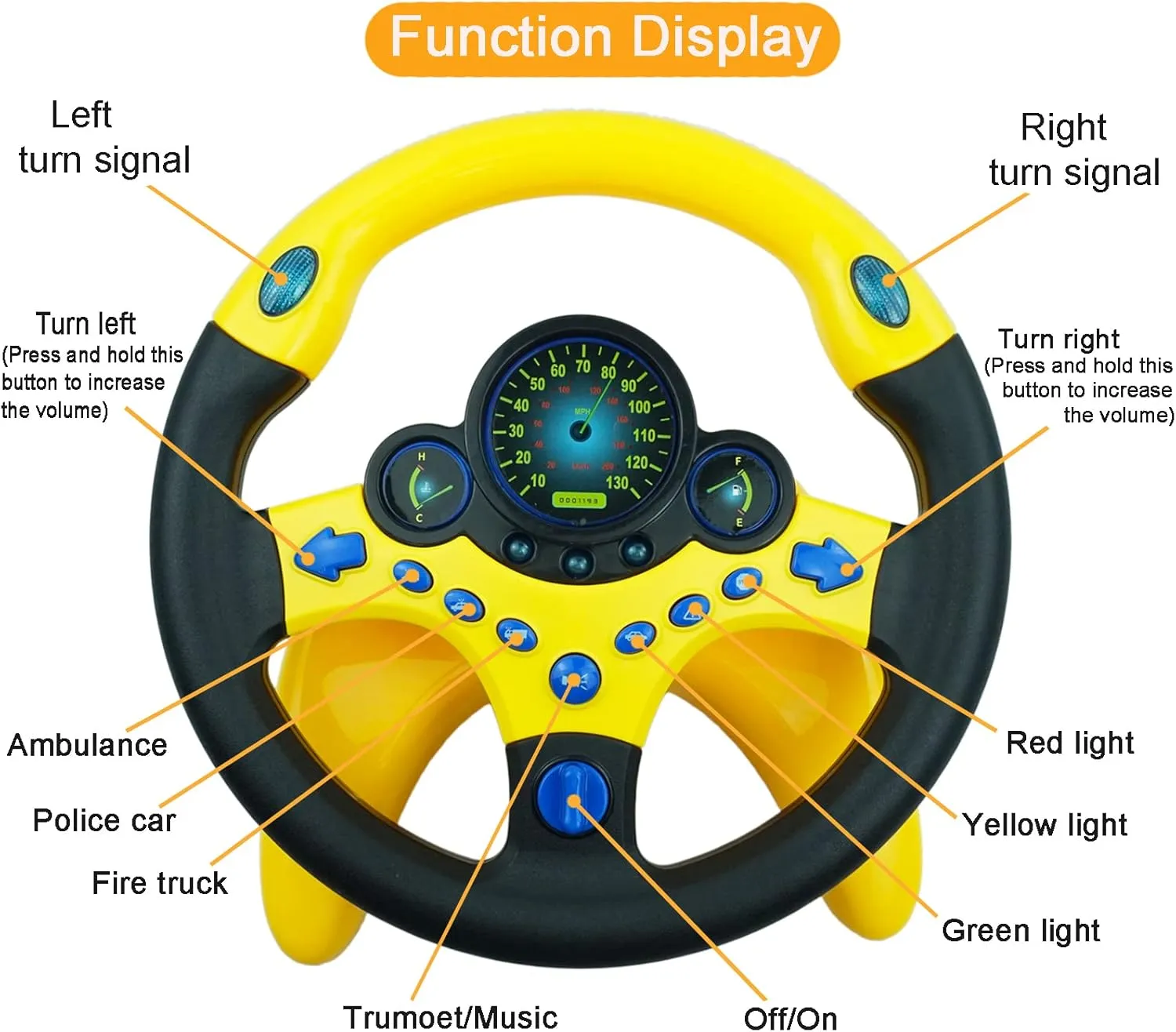 RedCrab Steering Wheel Car Driving Simulated Toy with Light and Music for Kids, Pretend Driving Seat Toys,Baby Electric Early Learning Educational Toys for Boys and Girls(Yellow)
