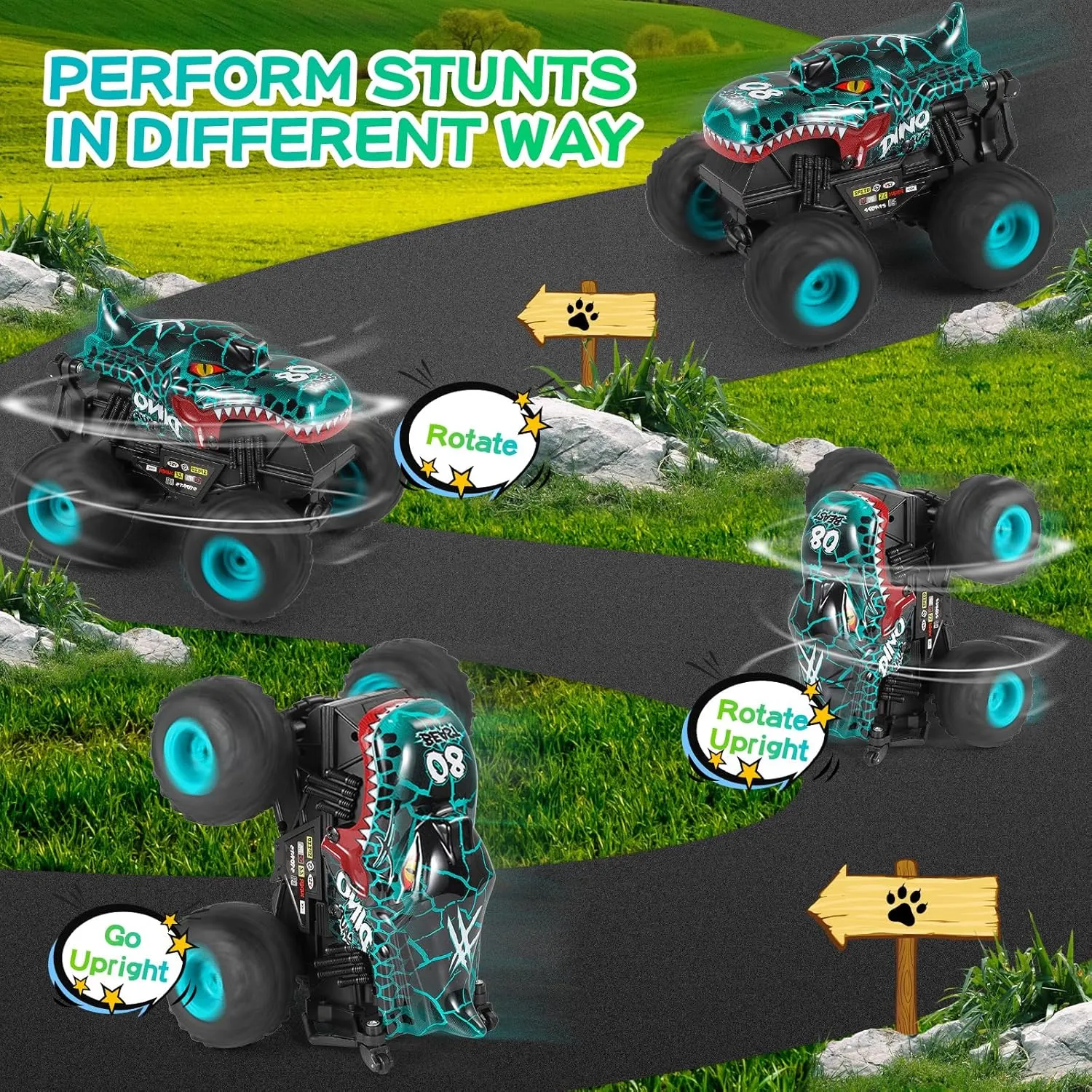 Remote Control Car, 2.4Ghz All Terrain Dinosaur Monster Truck Toys, RC Truck with Music, 3 Lighting Effects, 360 Stunt Capable, All Included Ready to Run, Toy Gifts for Boys and Girls (Cyan)