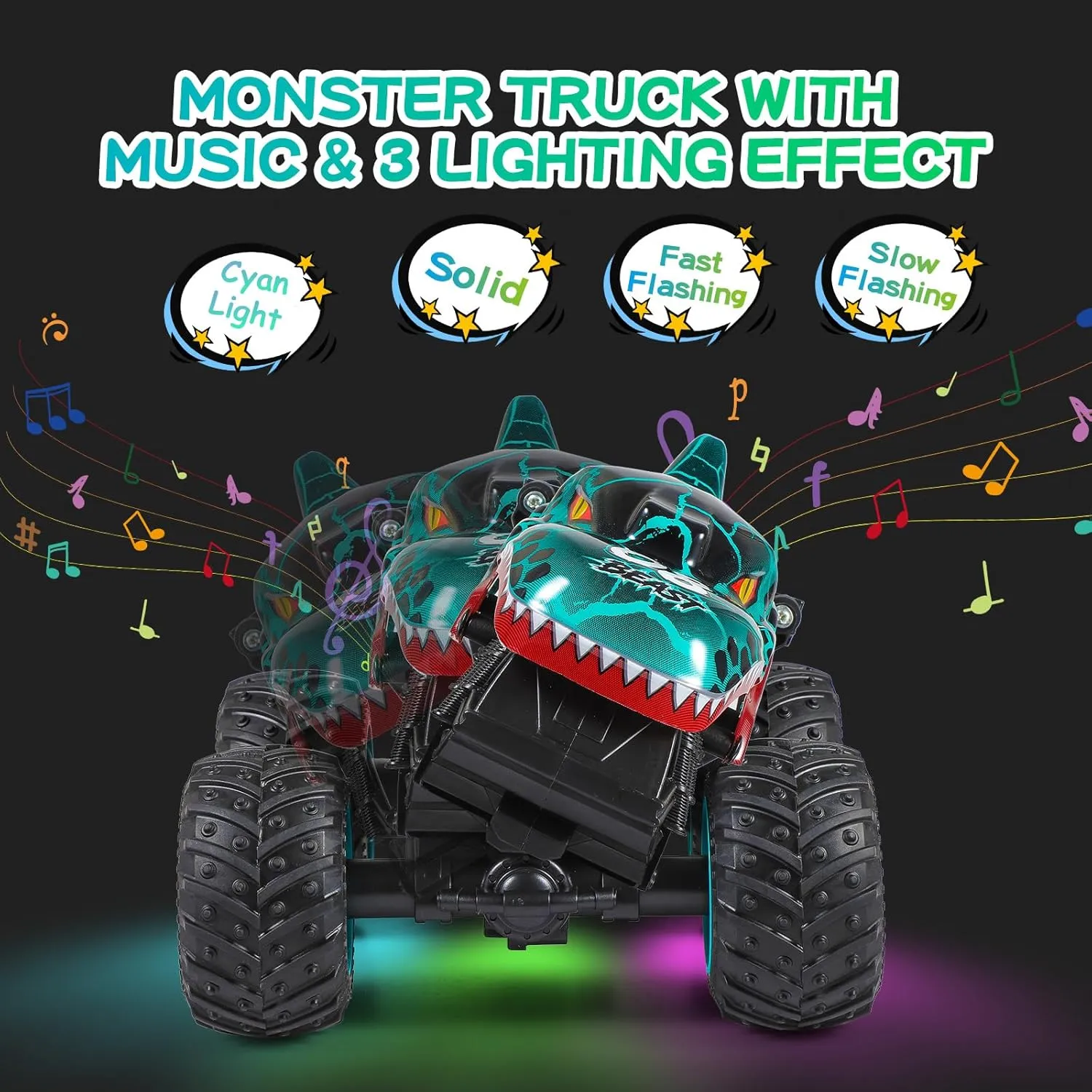 Remote Control Car, 2.4Ghz All Terrain Dinosaur Monster Truck Toys, RC Truck with Music, 3 Lighting Effects, 360 Stunt Capable, All Included Ready to Run, Toy Gifts for Boys and Girls (Cyan)