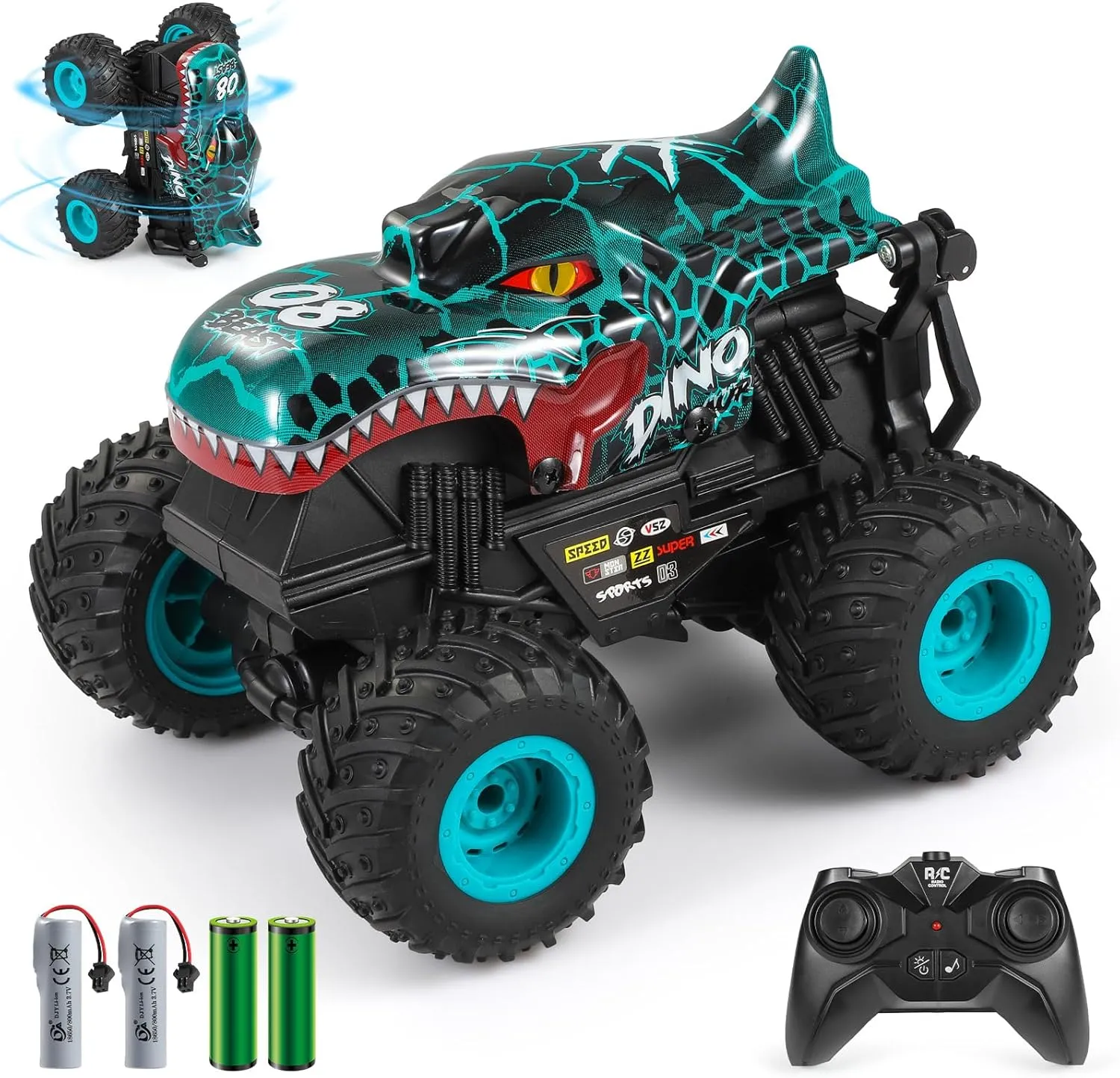 Remote Control Car, 2.4Ghz All Terrain Dinosaur Monster Truck Toys, RC Truck with Music, 3 Lighting Effects, 360 Stunt Capable, All Included Ready to Run, Toy Gifts for Boys and Girls (Cyan)