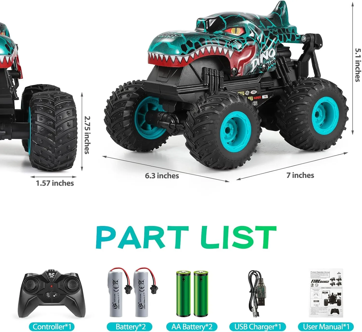 Remote Control Car, 2.4Ghz All Terrain Dinosaur Monster Truck Toys, RC Truck with Music, 3 Lighting Effects, 360 Stunt Capable, All Included Ready to Run, Toy Gifts for Boys and Girls (Cyan)