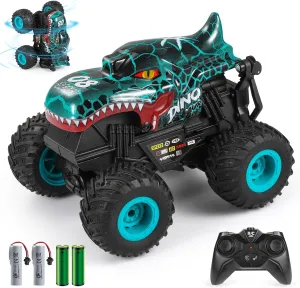 Remote Control Car, 2.4Ghz All Terrain Dinosaur Monster Truck Toys, RC Truck with Music, 3 Lighting Effects, 360 Stunt Capable, All Included Ready to Run, Toy Gifts for Boys and Girls (Cyan)