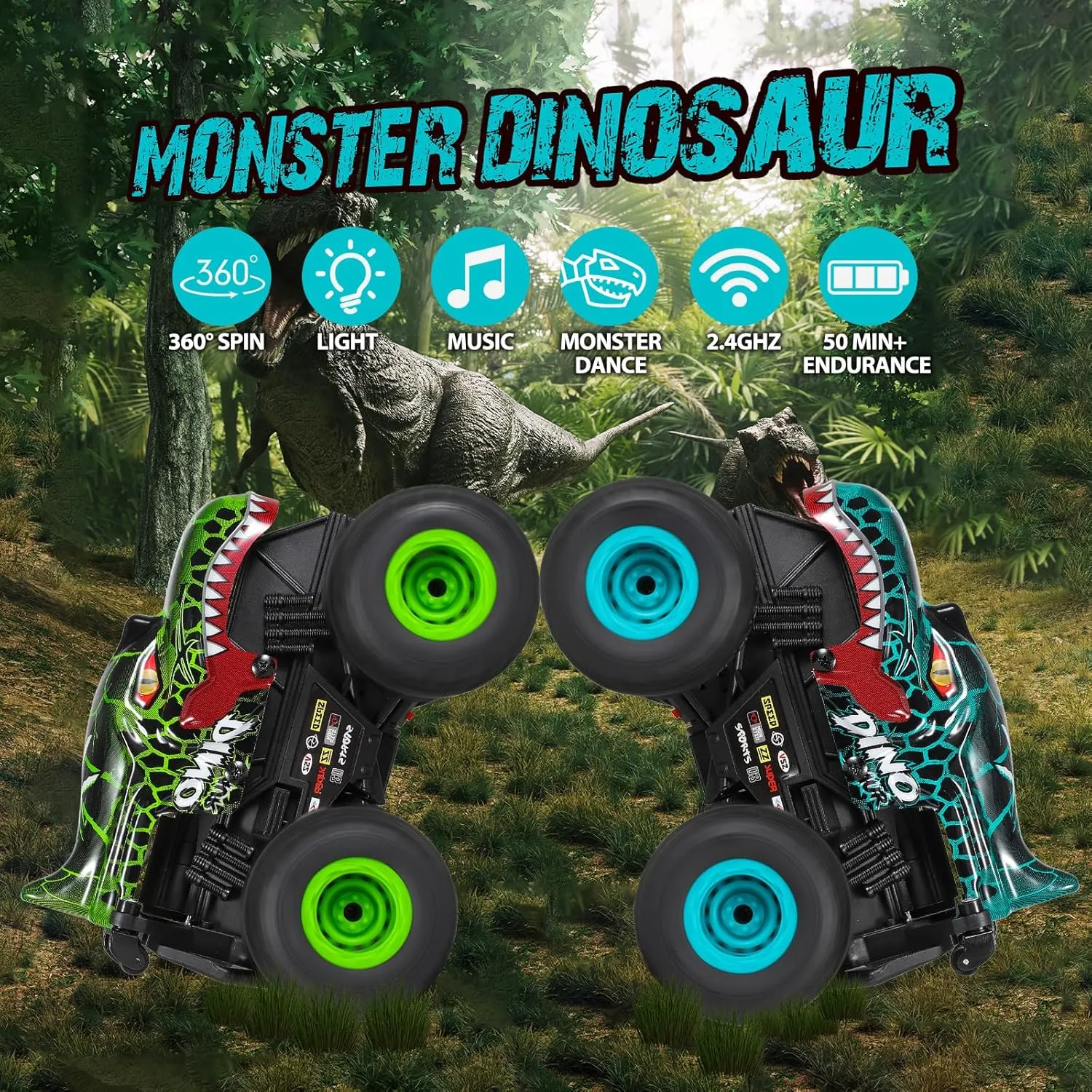Remote Control Car, 2.4Ghz All Terrain Dinosaur Monster Truck Toys, RC Truck with Music, 3 Lighting Effects, 360 Stunt Capable, All Included Ready to Run, Toy Gifts for Boys and Girls (Cyan)