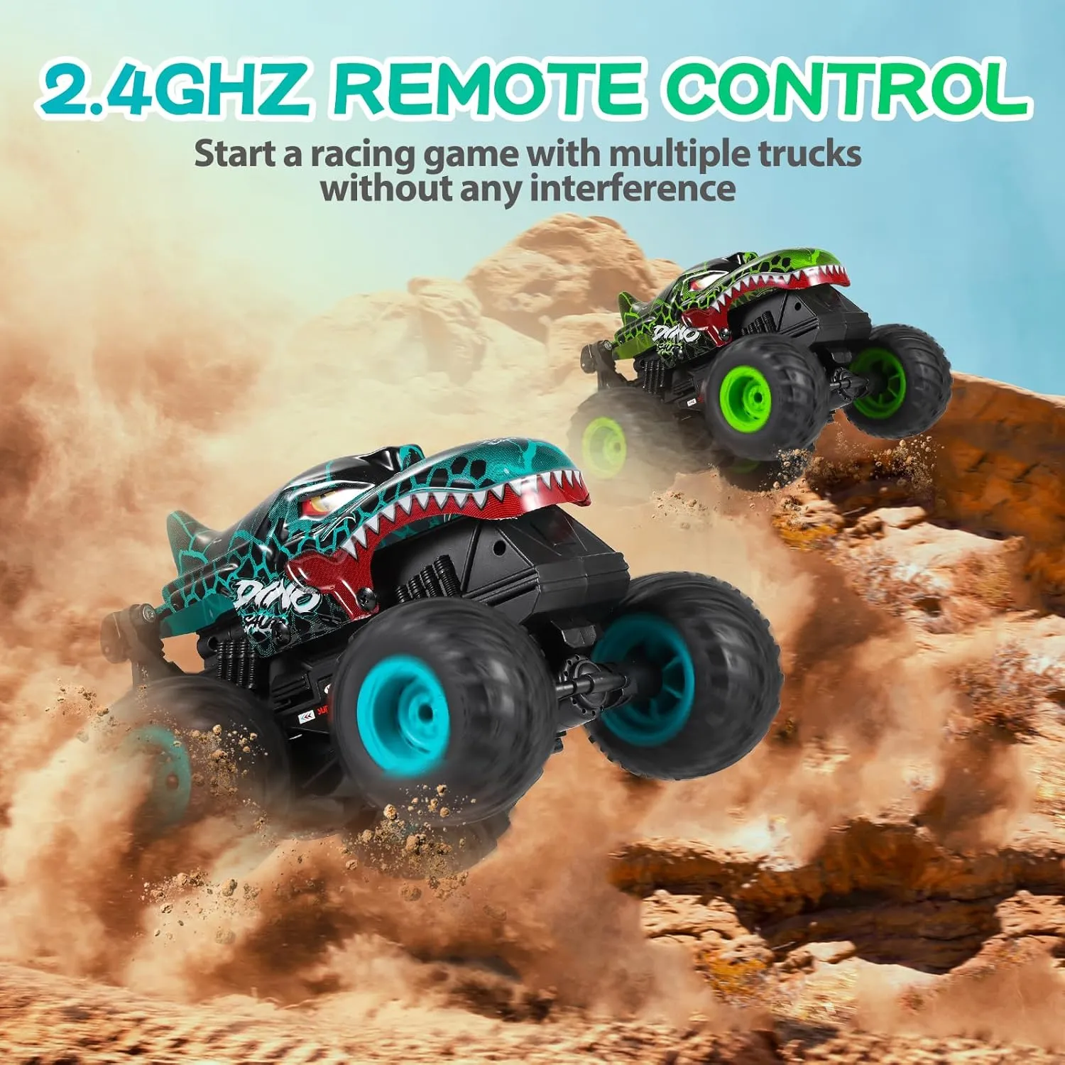 Remote Control Car, 2.4Ghz All Terrain Dinosaur Monster Truck Toys, RC Truck with Music, 3 Lighting Effects, 360 Stunt Capable, All Included Ready to Run, Toy Gifts for Boys and Girls (Cyan)