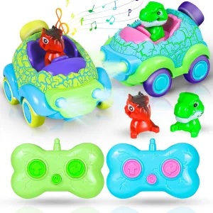 Remote Control Car for Toddlers, 2 Pack Cartoon Dino with LED Lights & Music, Dinosaur Toys for Kids Ages 1-5, RC Cars for Boys & Girls