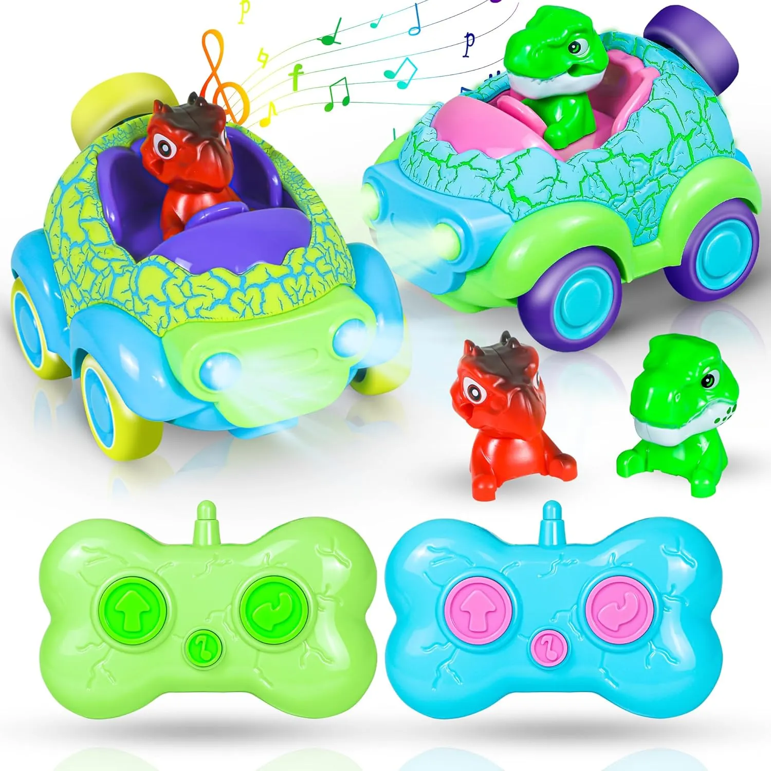 Remote Control Car for Toddlers, 2 Pack Cartoon Dino with LED Lights & Music, Dinosaur Toys for Kids Ages 1-5, RC Cars for Boys & Girls