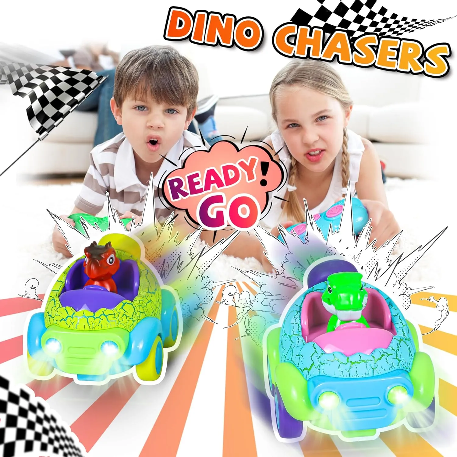 Remote Control Car for Toddlers, 2 Pack Cartoon Dino with LED Lights & Music, Dinosaur Toys for Kids Ages 1-5, RC Cars for Boys & Girls