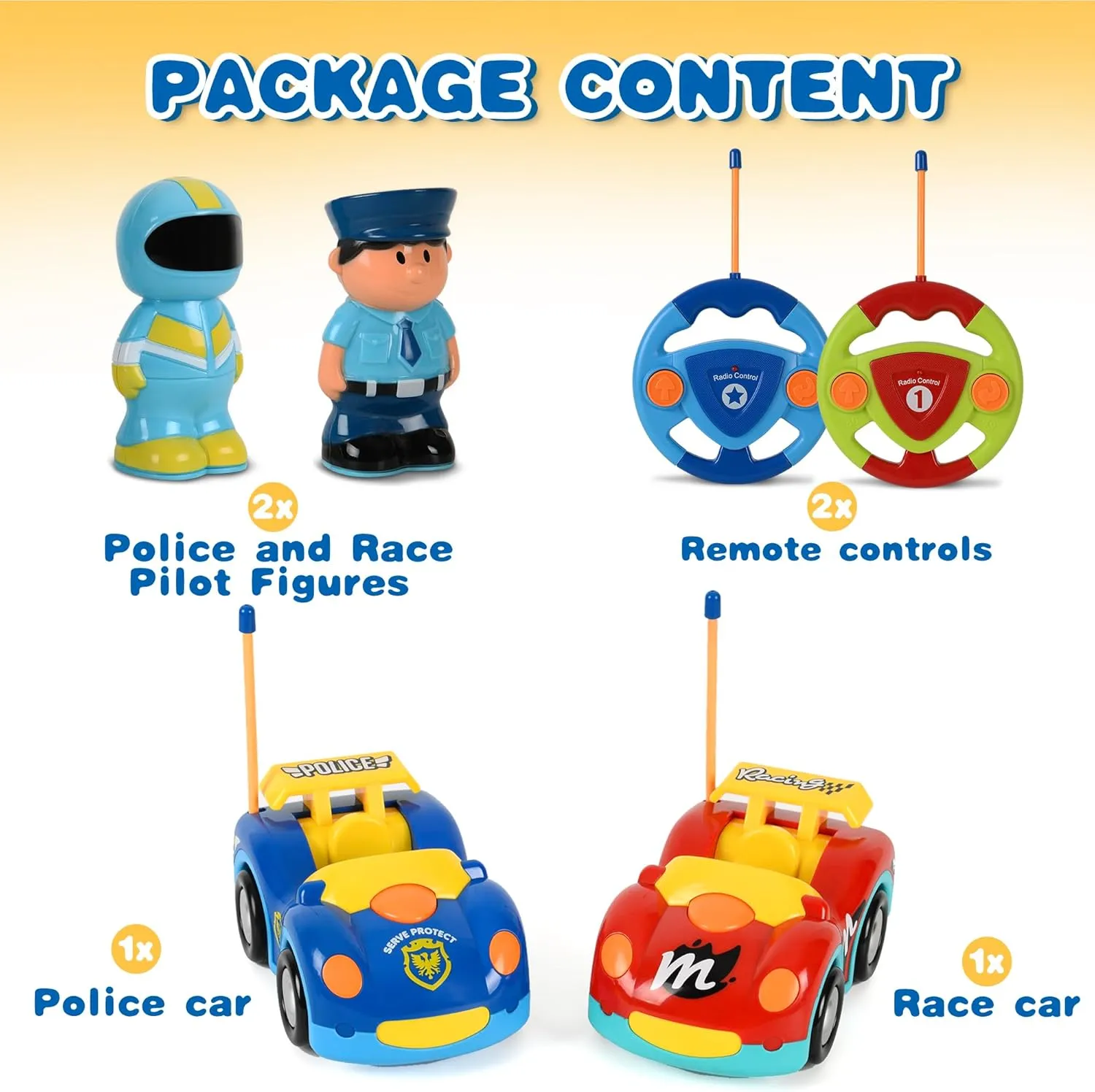 Remote Control Cartoon Police and Racing Cars: RC Toys for Toddlers Kids Boys and Girls - Set of 2 Vehicles for Simultaneous Play