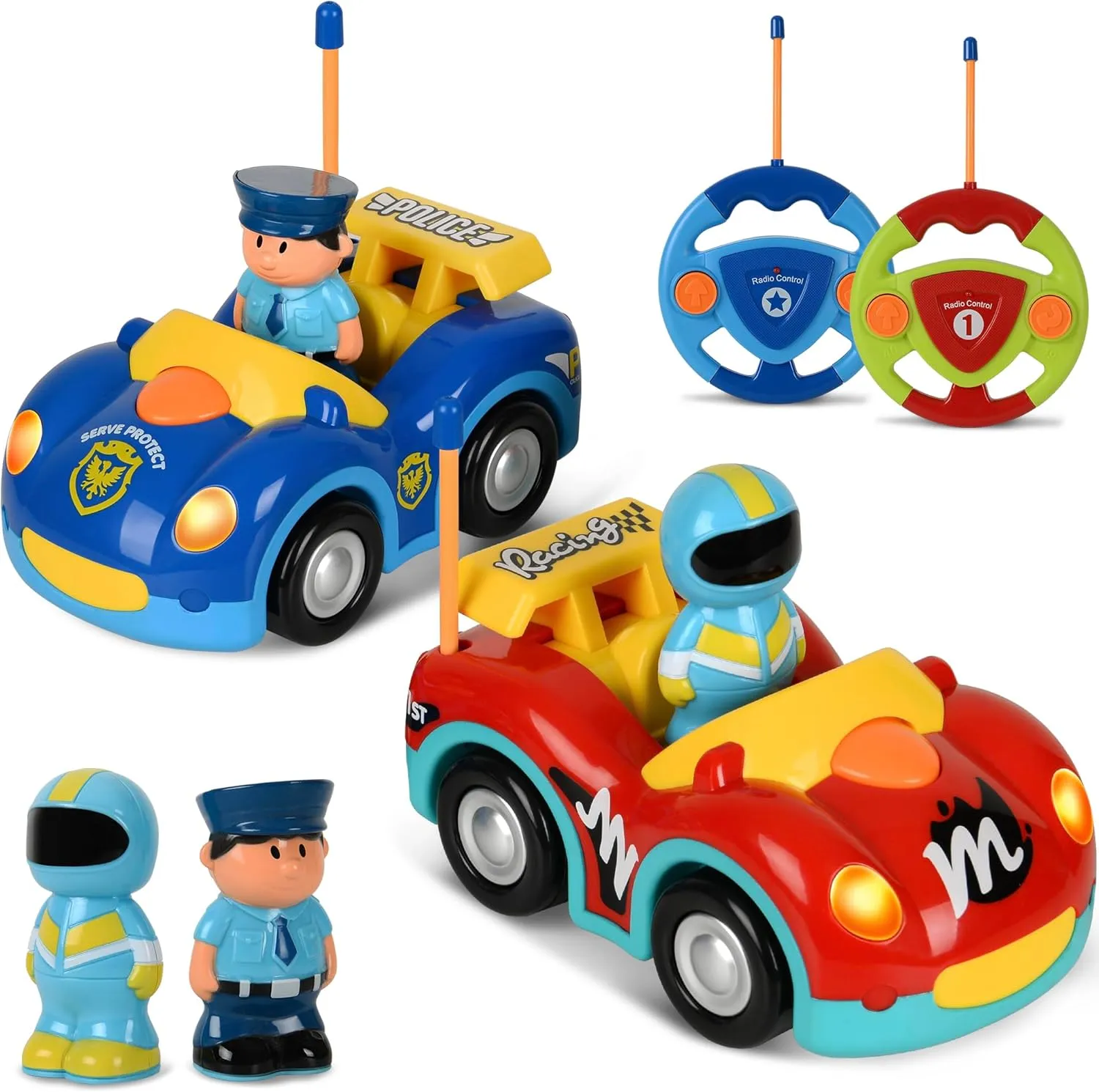 Remote Control Cartoon Police and Racing Cars: RC Toys for Toddlers Kids Boys and Girls - Set of 2 Vehicles for Simultaneous Play
