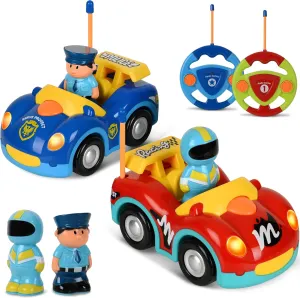 Remote Control Cartoon Police and Racing Cars: RC Toys for Toddlers Kids Boys and Girls - Set of 2 Vehicles for Simultaneous Play