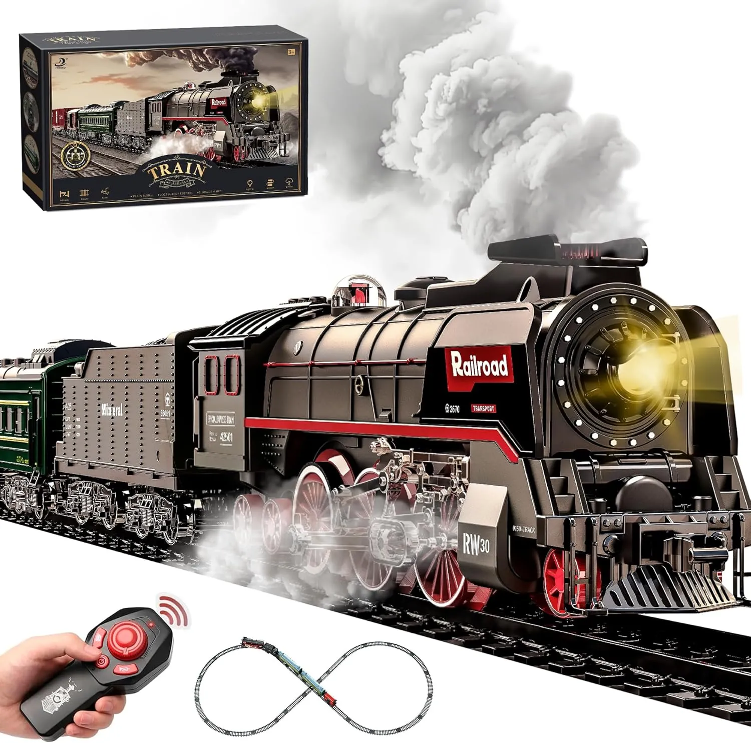 Retro Steam Train Set with Smoke Effect, Lights & Sounds - Electric Model Trains Kit for Kids 3-12 Years, 92 Pcs Includes Multiple Train Combinations and Remote Control Model