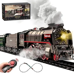 Retro Steam Train Set with Smoke Effect, Lights & Sounds - Electric Model Trains Kit for Kids 3-12 Years, 92 Pcs Includes Multiple Train Combinations and Remote Control Model