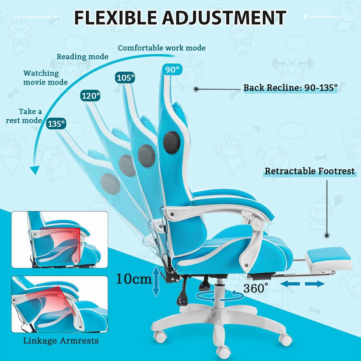 RGB Gaming Chair with Bluetooth Speakers and LED Lights Cute Massage Computer Gaming Chair with Footrest High Back Music Video Game Chairs with Lumbar Support for Kids Girl Kawaii Light Blue and White
