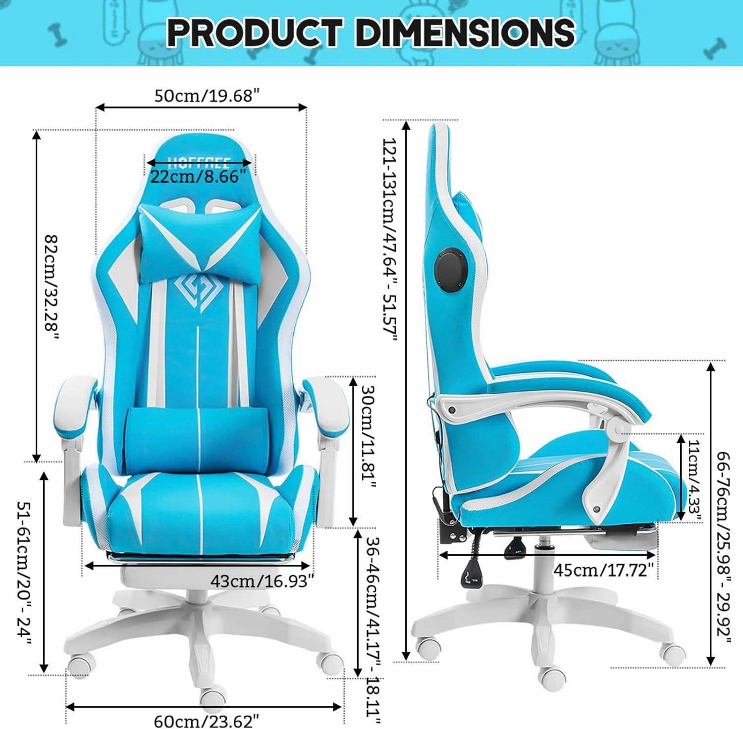 RGB Gaming Chair with Bluetooth Speakers and LED Lights Cute Massage Computer Gaming Chair with Footrest High Back Music Video Game Chairs with Lumbar Support for Kids Girl Kawaii Light Blue and White