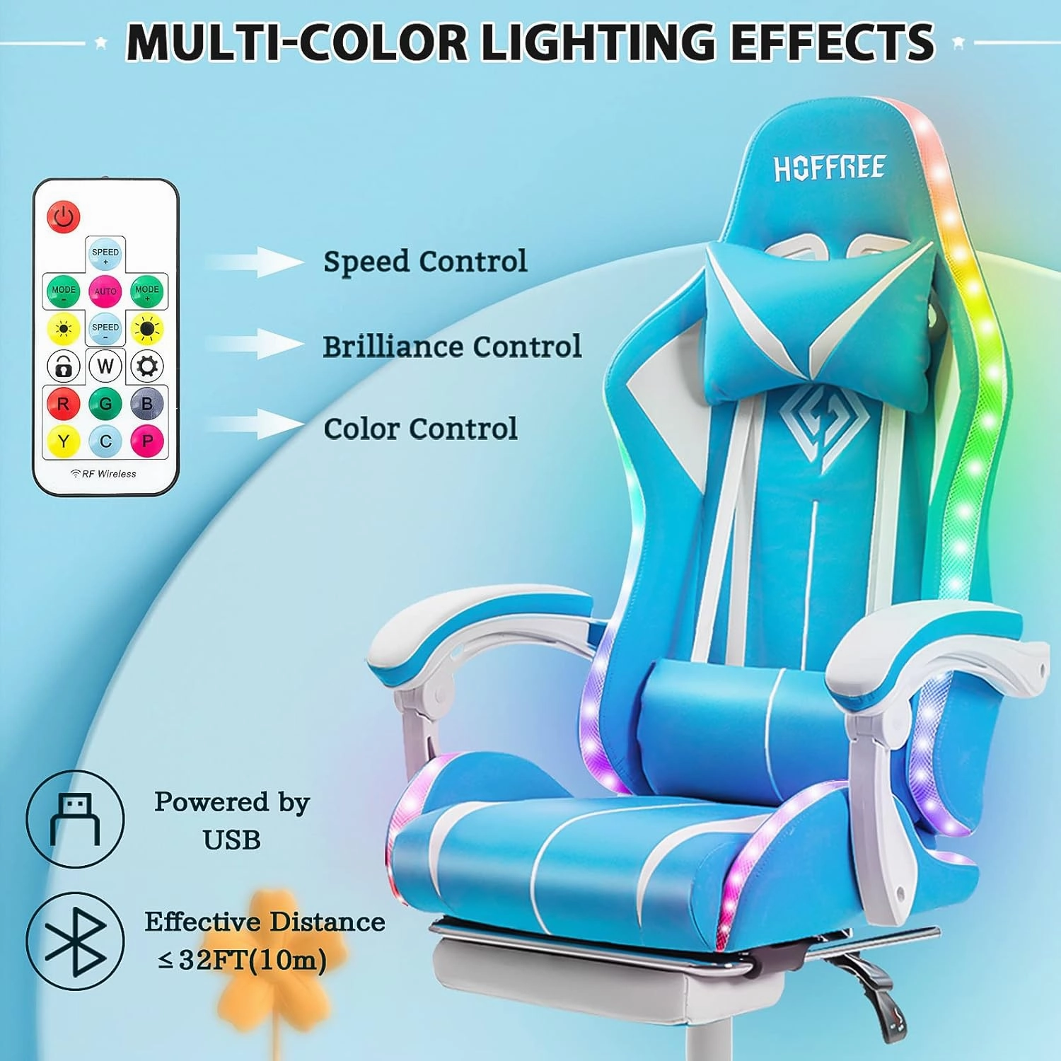 RGB Gaming Chair with Bluetooth Speakers and LED Lights Cute Massage Computer Gaming Chair with Footrest High Back Music Video Game Chairs with Lumbar Support for Kids Girl Kawaii Light Blue and White