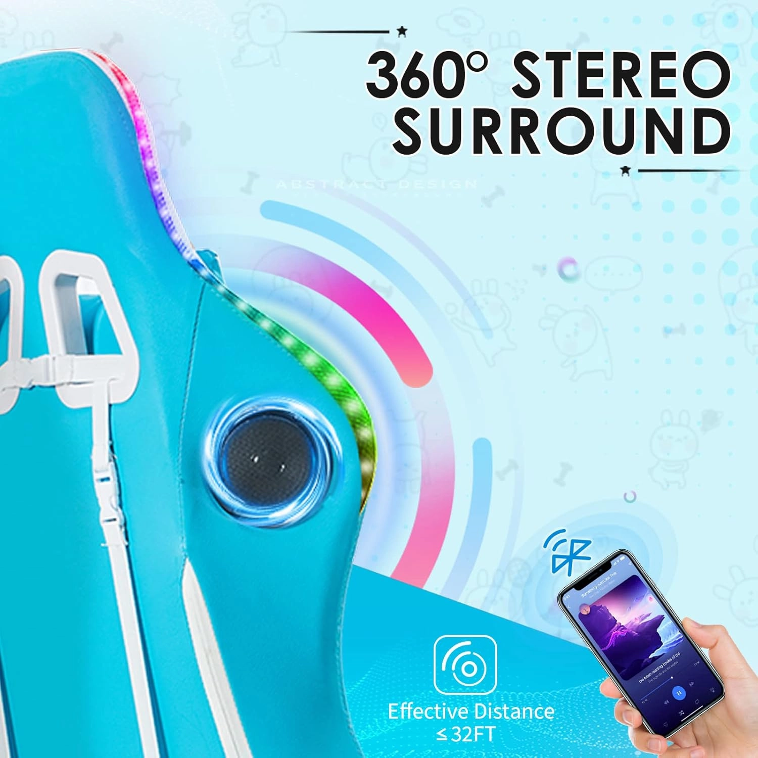 RGB Gaming Chair with Bluetooth Speakers and LED Lights Cute Massage Computer Gaming Chair with Footrest High Back Music Video Game Chairs with Lumbar Support for Kids Girl Kawaii Light Blue and White