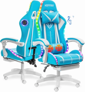 RGB Gaming Chair with Bluetooth Speakers and LED Lights Cute Massage Computer Gaming Chair with Footrest High Back Music Video Game Chairs with Lumbar Support for Kids Girl Kawaii Light Blue and White