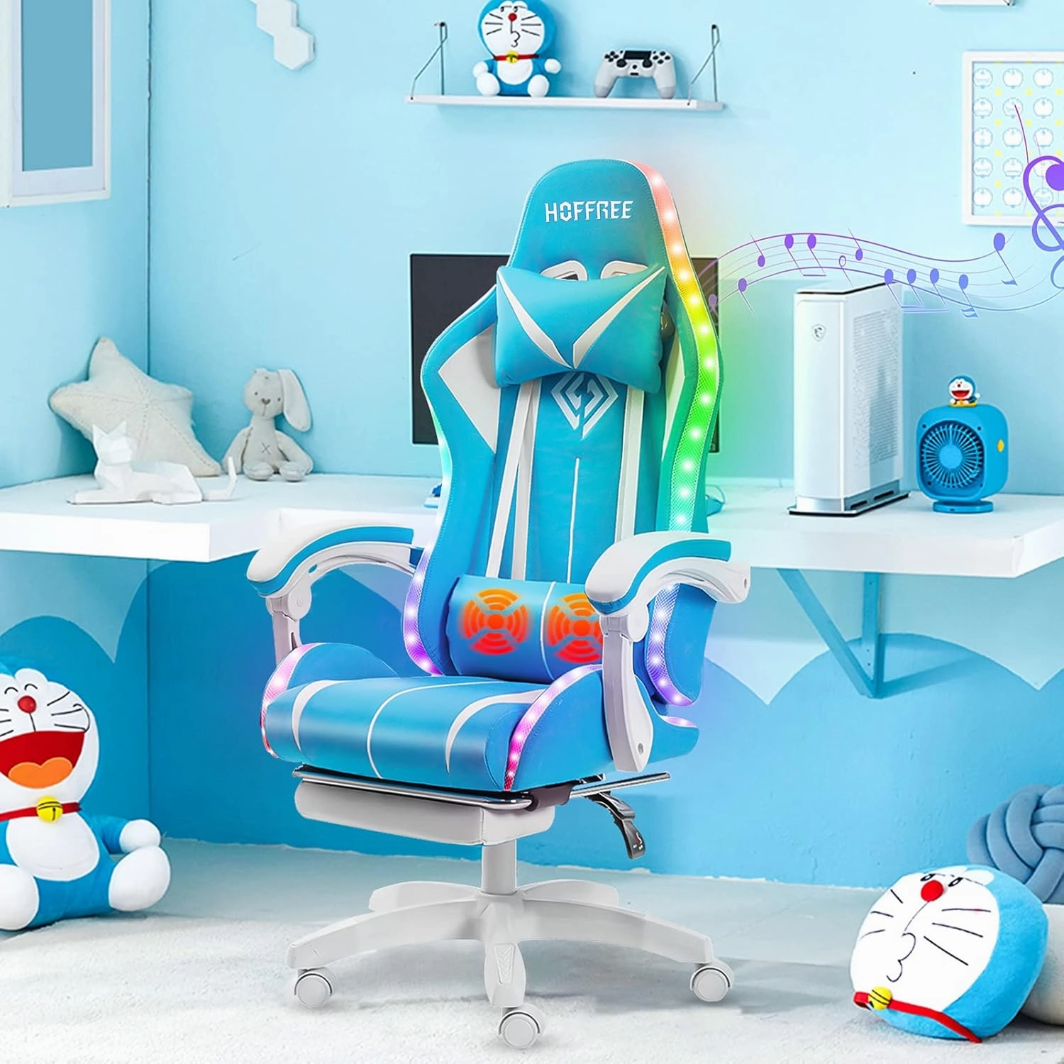 RGB Gaming Chair with Bluetooth Speakers and LED Lights Cute Massage Computer Gaming Chair with Footrest High Back Music Video Game Chairs with Lumbar Support for Kids Girl Kawaii Light Blue and White